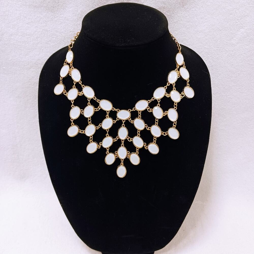 White Beaded Necklace Tiered‎ Layered Gold Chain Geometric Elegant Chic Modern